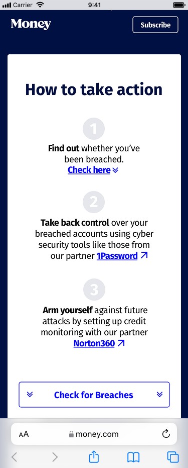 Data-breach checker how-to-take-action screen with three steps and partner links.