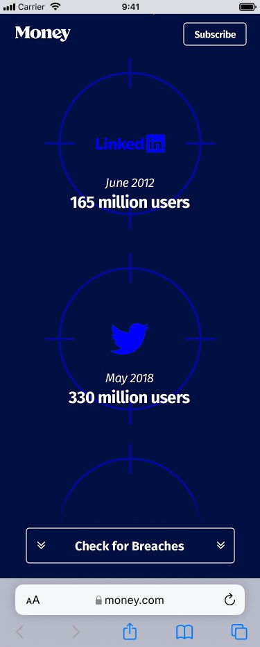 Data-breach checker screen showing major historical breaches like LinkedIn and Twitter, motivating users to check their own exposure.