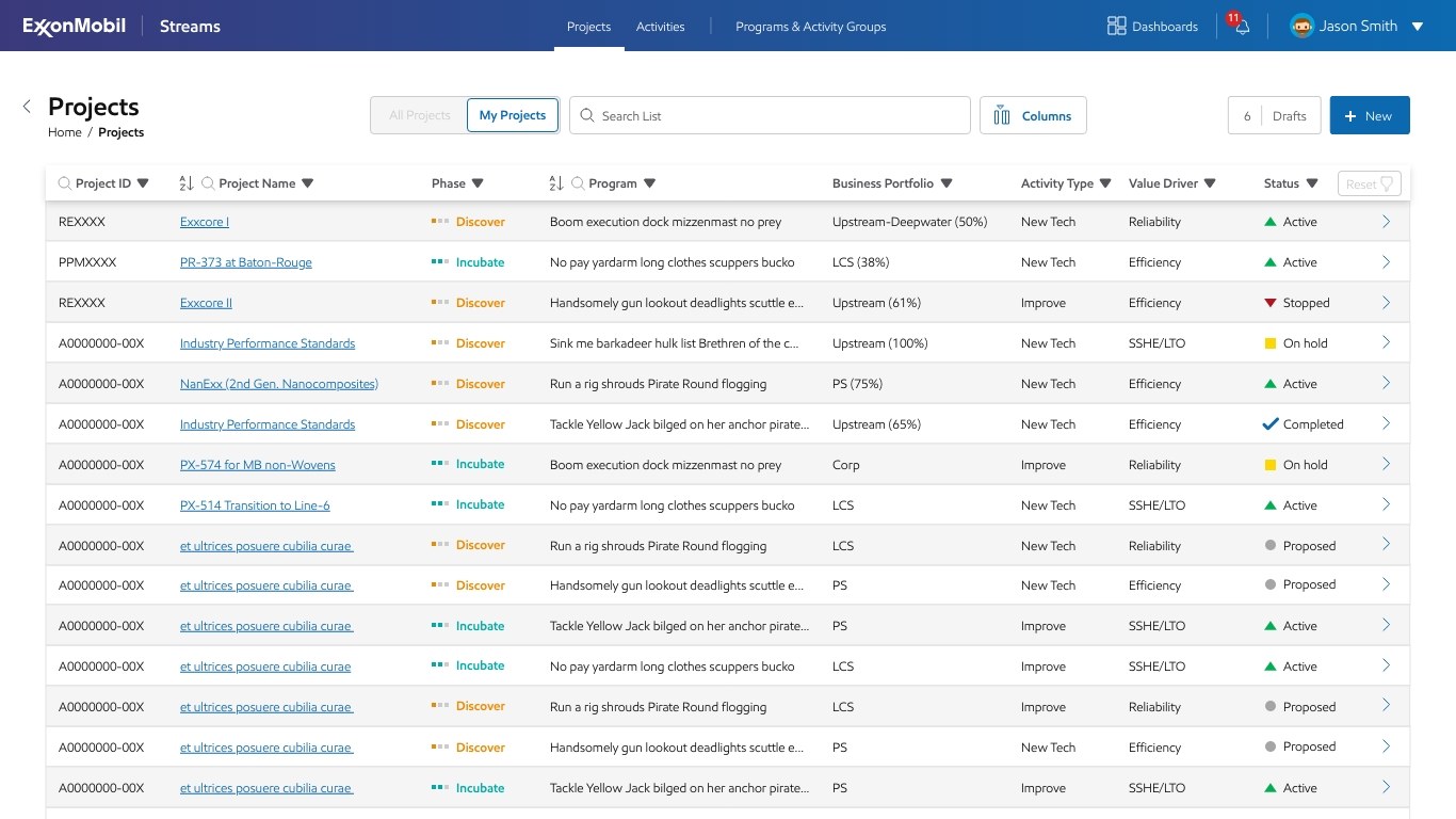 Streams Projects list, showing all projects with phase, program, business portfolio, activity type, value driver, and status, sortable and filterable by column.