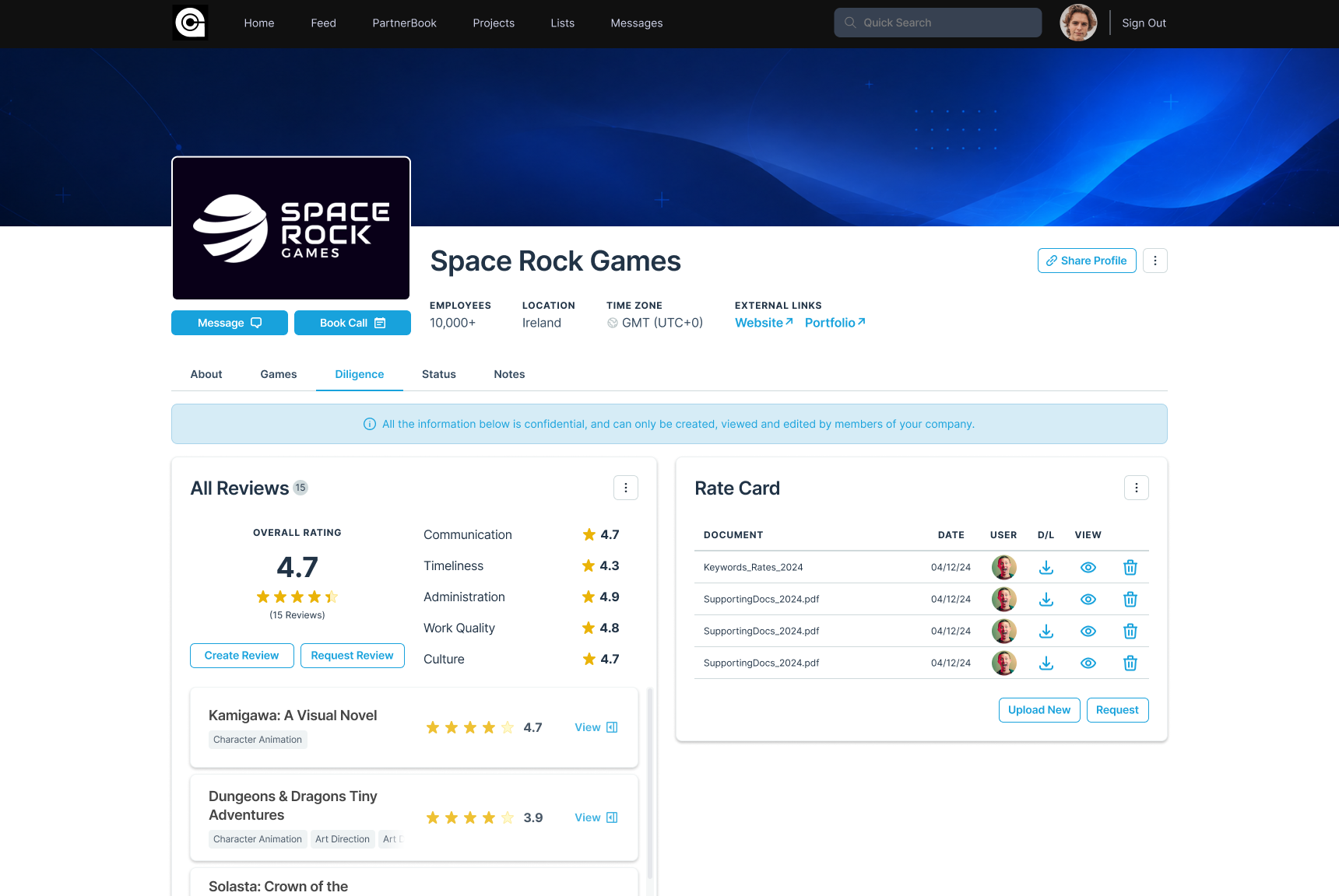 Full Screen Profile Diligence tab, shown as a representative view of the profile experience.