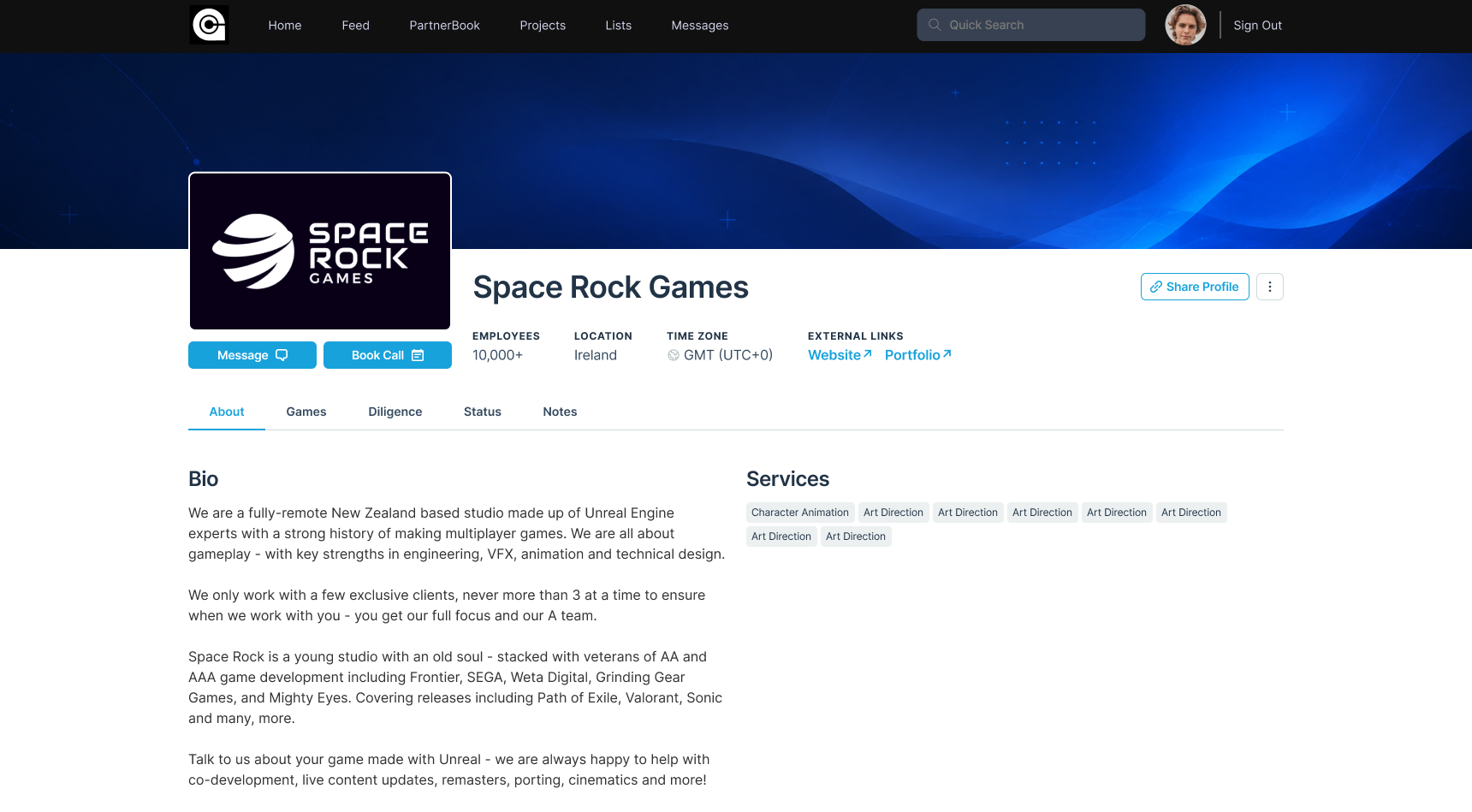 Full Screen Profile About tab showing a service provider bio and offered services.