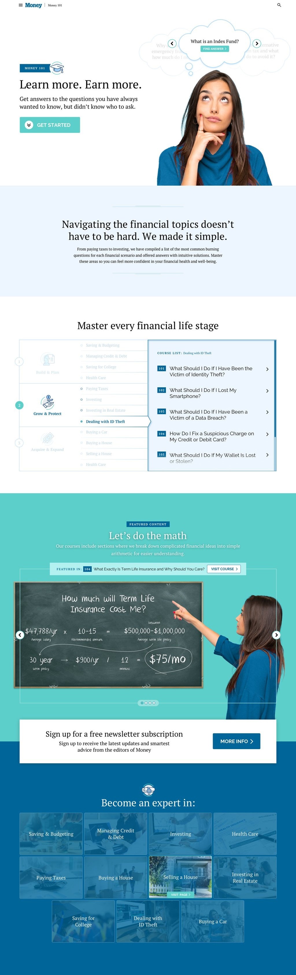 Money101 redesign — proposed homepage, after.