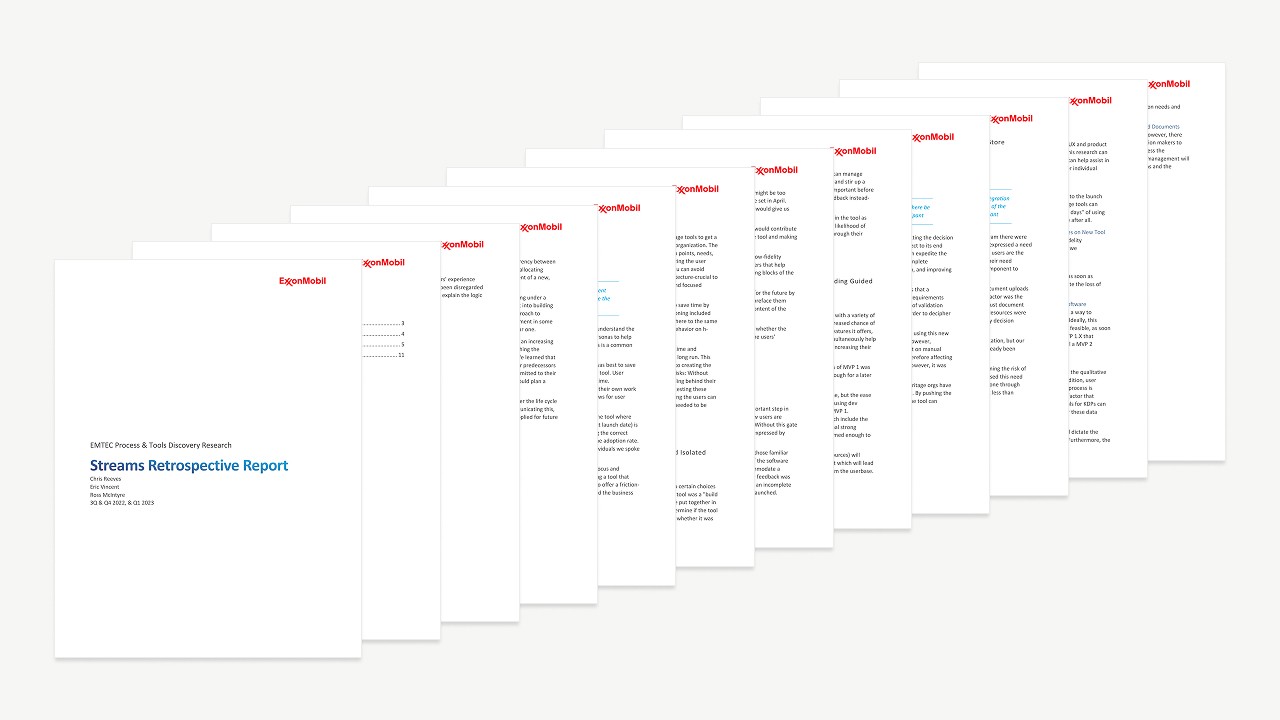 Cover and pages of the Streams Retrospective Report, EMTEC Process & Tools Discovery Research, Q3 and Q4 2022 and Q1 2023.