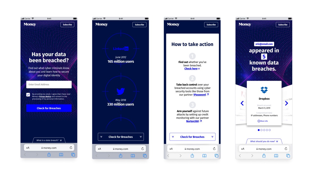 Data-breach checker app flow — landing, results, action steps, and breach history screens.