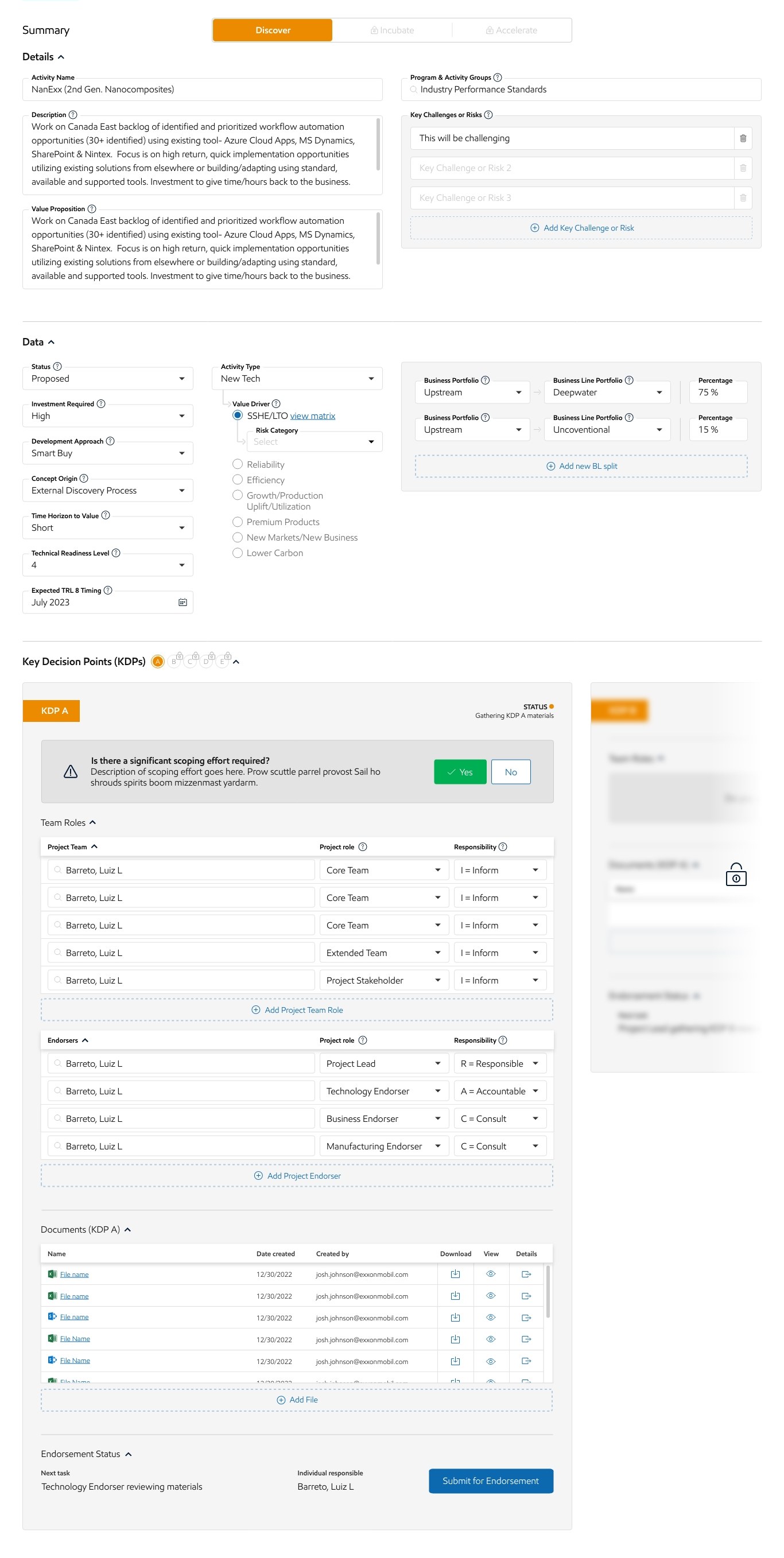 KDP A filled out for the NanExx project, in the Discover phase of Streams, showing project details, data fields, team roles, endorsers, and documents.