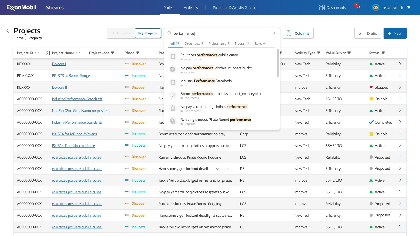 Projects list in Streams, showing a live search across projects, documents, programs, and roles, with sortable and filterable columns.
