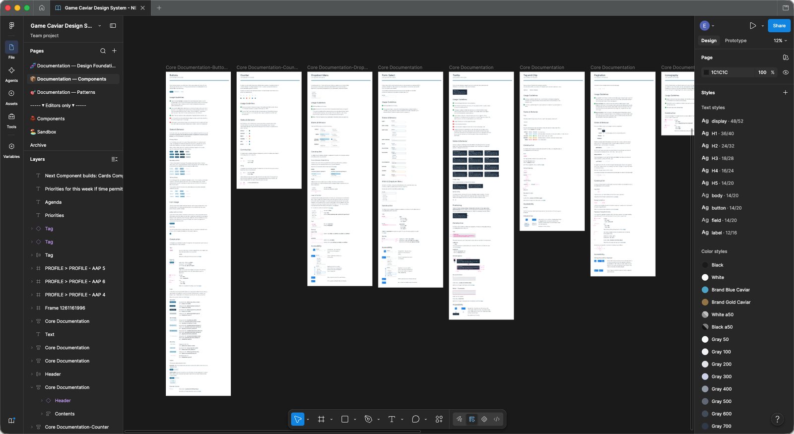 Game Caviar design system documentation in Figma, showing component pages for buttons, controls and more.