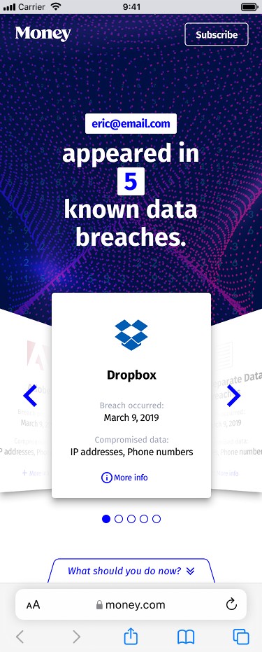 Data-breach checker results screen showing an email appeared in 5 known breaches, including Dropbox.