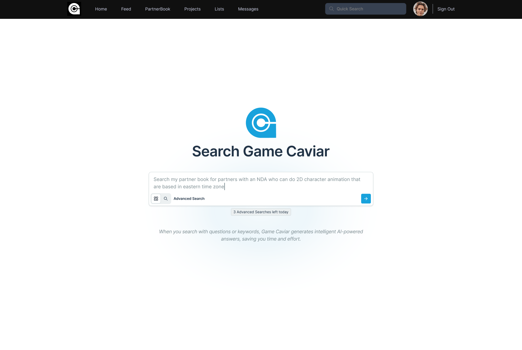 Advanced Search page showing the AI-powered natural language search bar for Game Caviar.