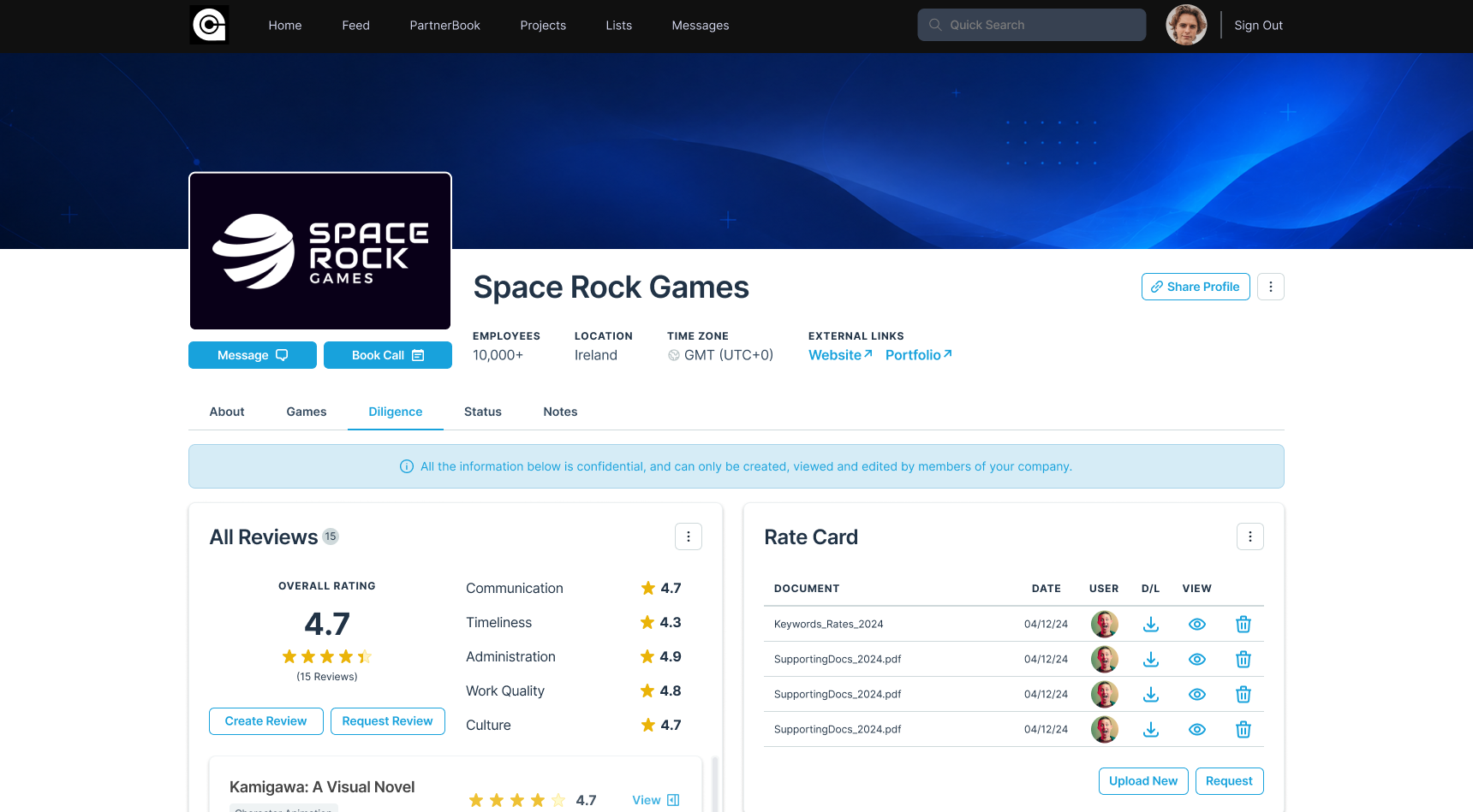 Full Screen Profile Diligence tab showing overall rating and category breakdown across Communication, Timeliness, Administration, Work Quality, and Culture, plus Rate Card documents.
