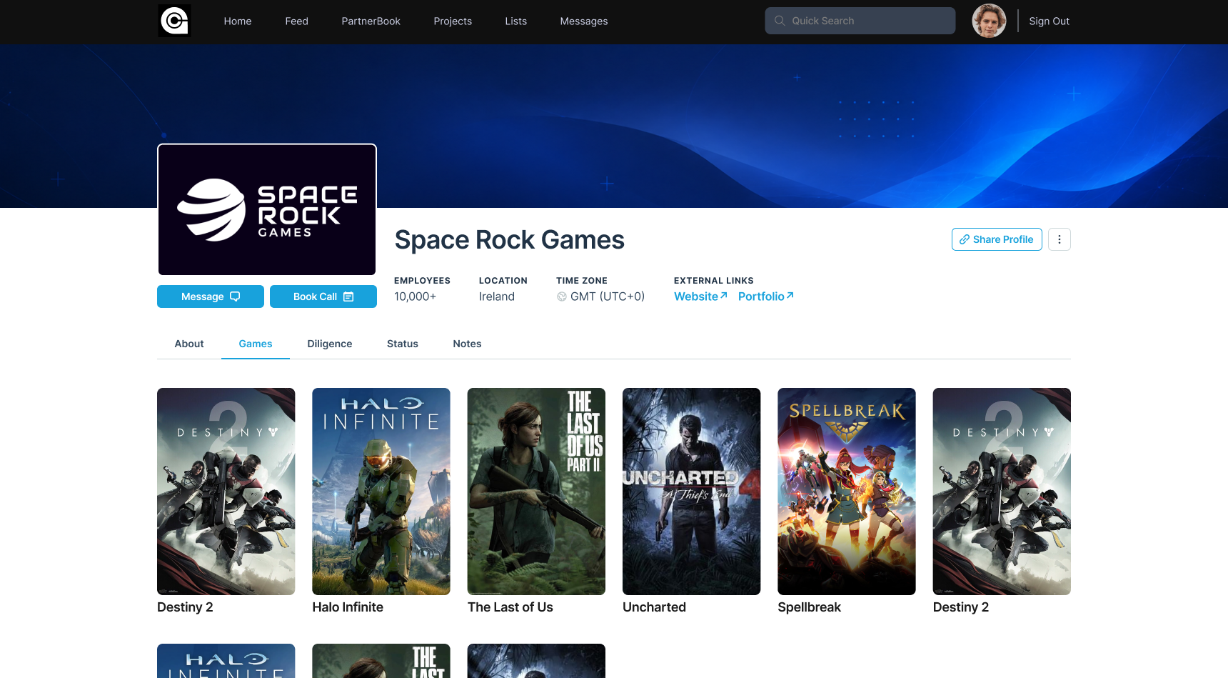 Full Screen Profile Games tab showing games worked on by the service provider.